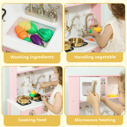 Kids Play Kitchen with Pretend Play Cooking Accessories, Kitchen Playset with Realistic Oven, Microwave, Sink and Cutting Vegetable Toys for Toddlers Ages 3-6 Years, Pink