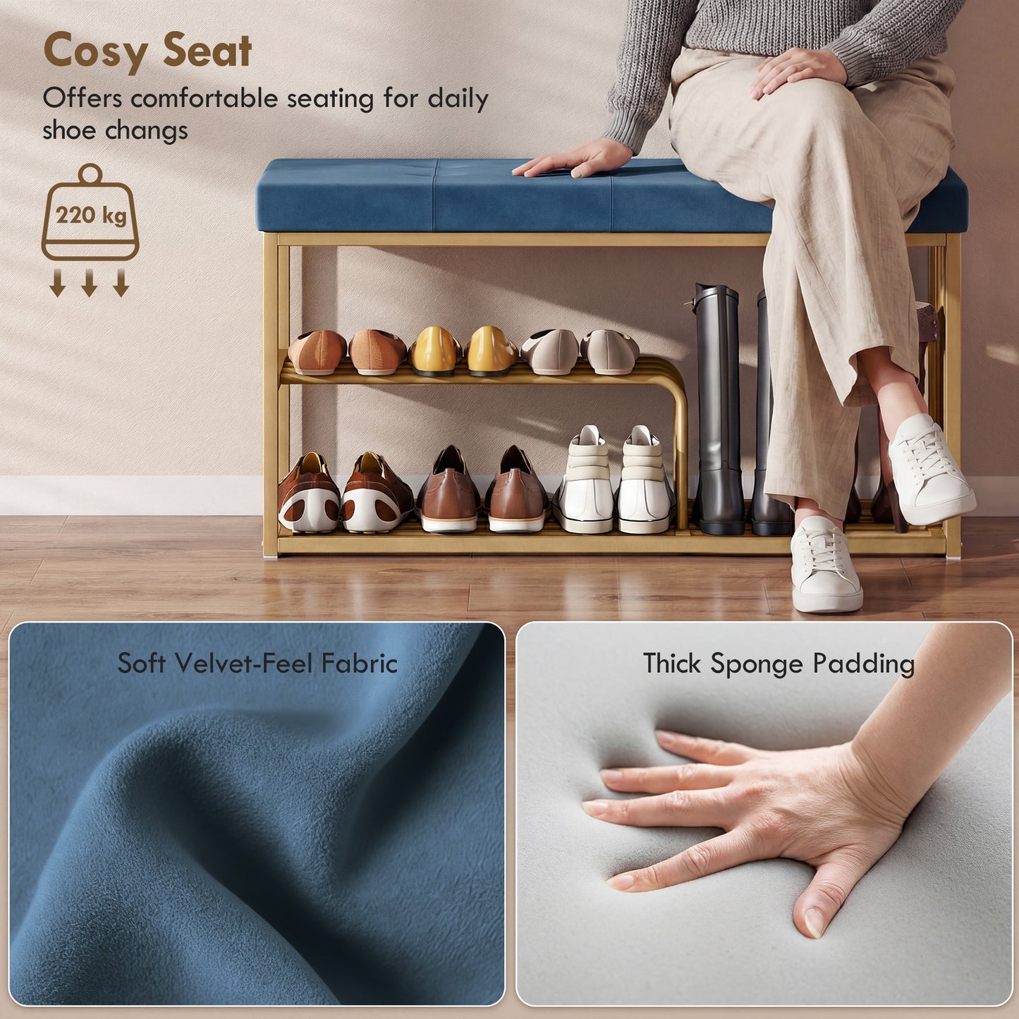 Shoe Storage Bench with Seat Cushion Tufted Shoe Rack Bench Dark Blue