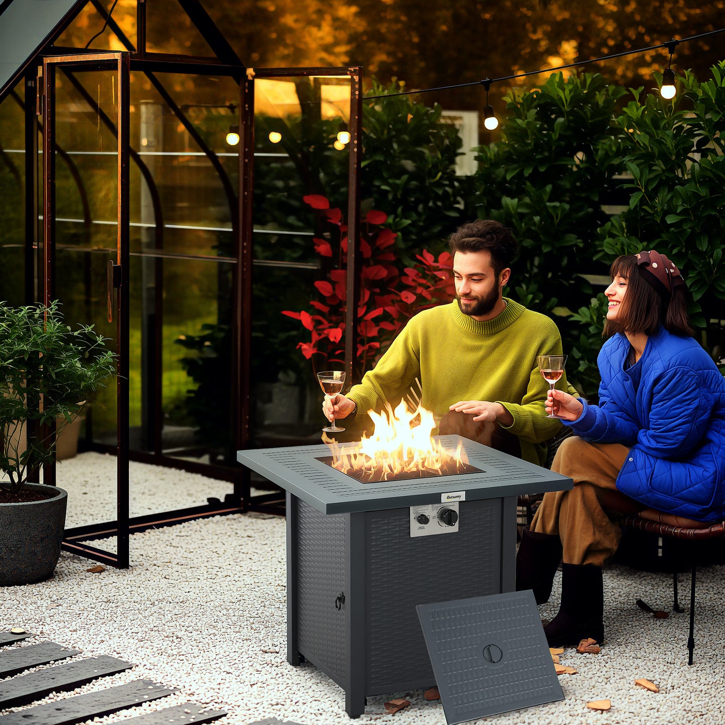 Outdoor Square Fire Pit Table w/ Lid and Lava Rocks Dark Grey