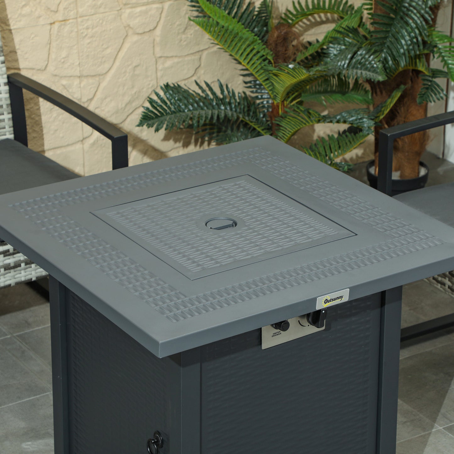 Outdoor Square Fire Pit Table w/ Lid and Lava Rocks Dark Grey