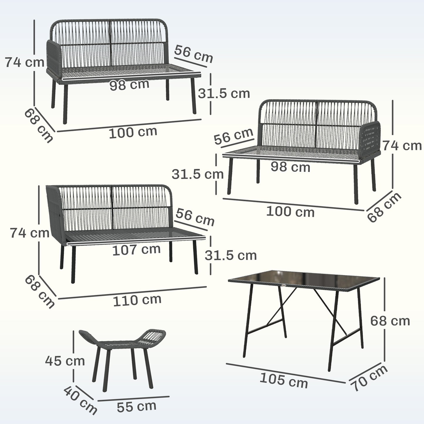 Sectional Outdoor Furniture with Glass Top Table, Orange