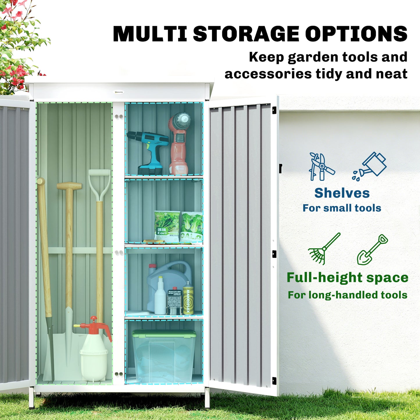 Outdoor Storage Cabinet with Removable Shelves, White and Black