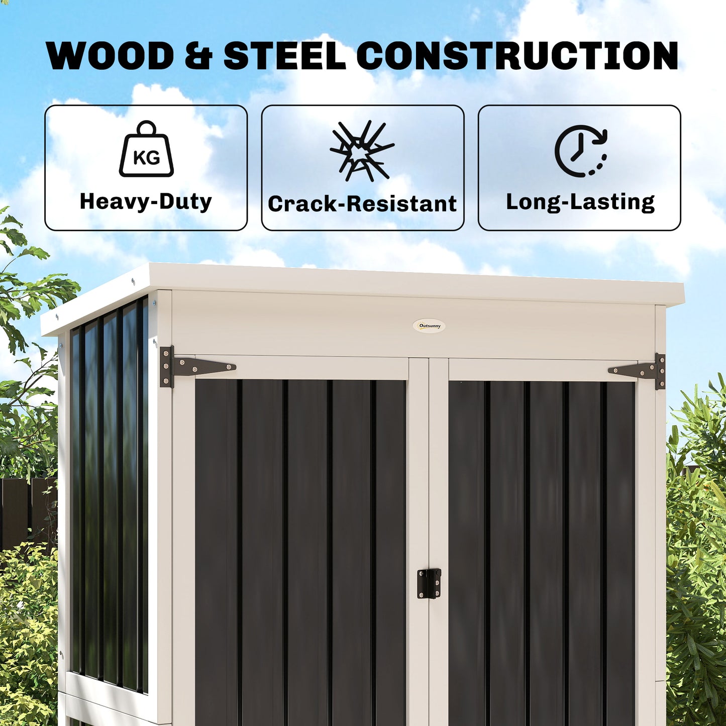 Outdoor Storage Cabinet with Removable Shelves, White and Black