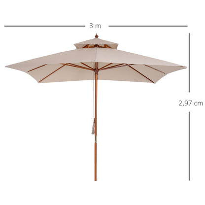 Warehouse Clearance: Beige Parasol Patio 3x3M Double Tier Garden Sun Umbrella Sunshade Outdoor Wood Wooden Canopy Tier (Jersey Only)