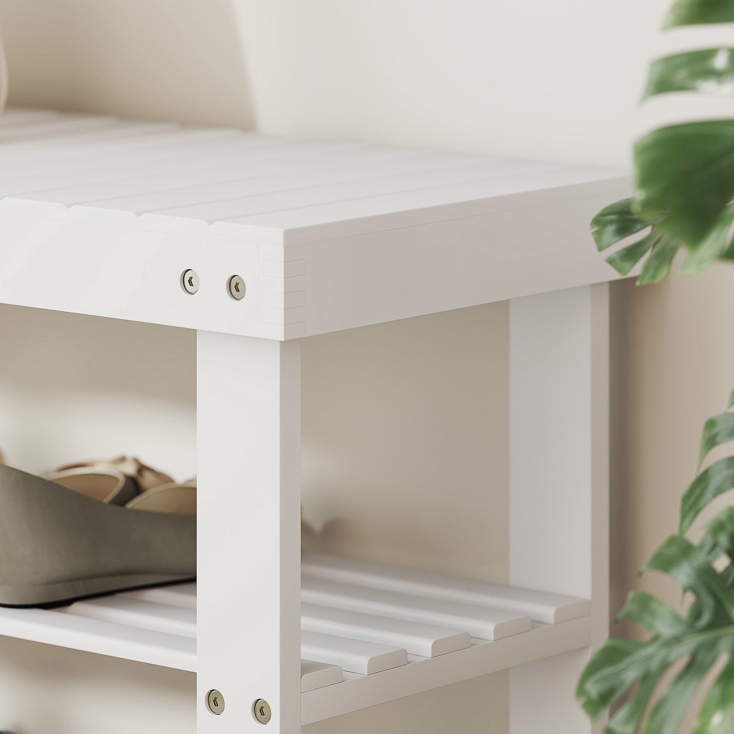 3-Tier Bamboo Shoe Bench with 2 Shelves for Entryway, White
