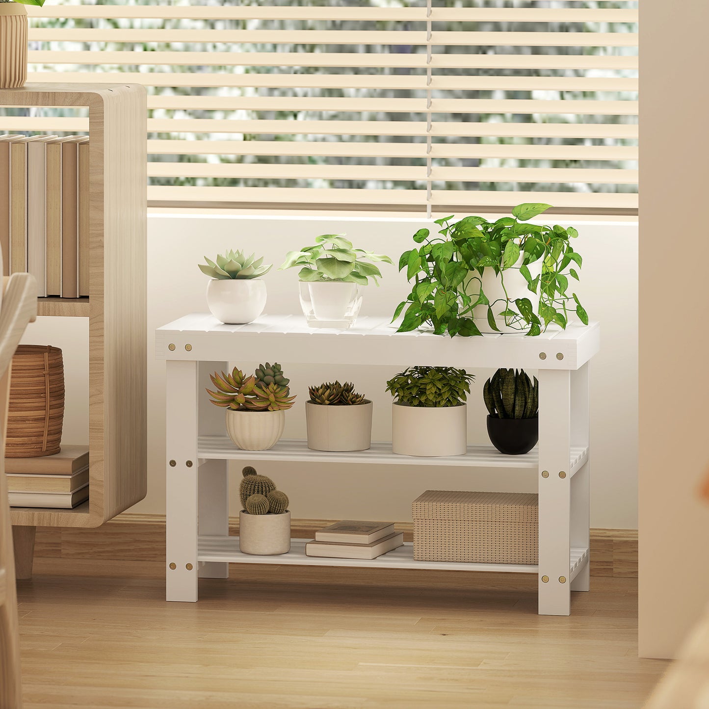 3-Tier Bamboo Shoe Bench with 2 Shelves for Entryway, White