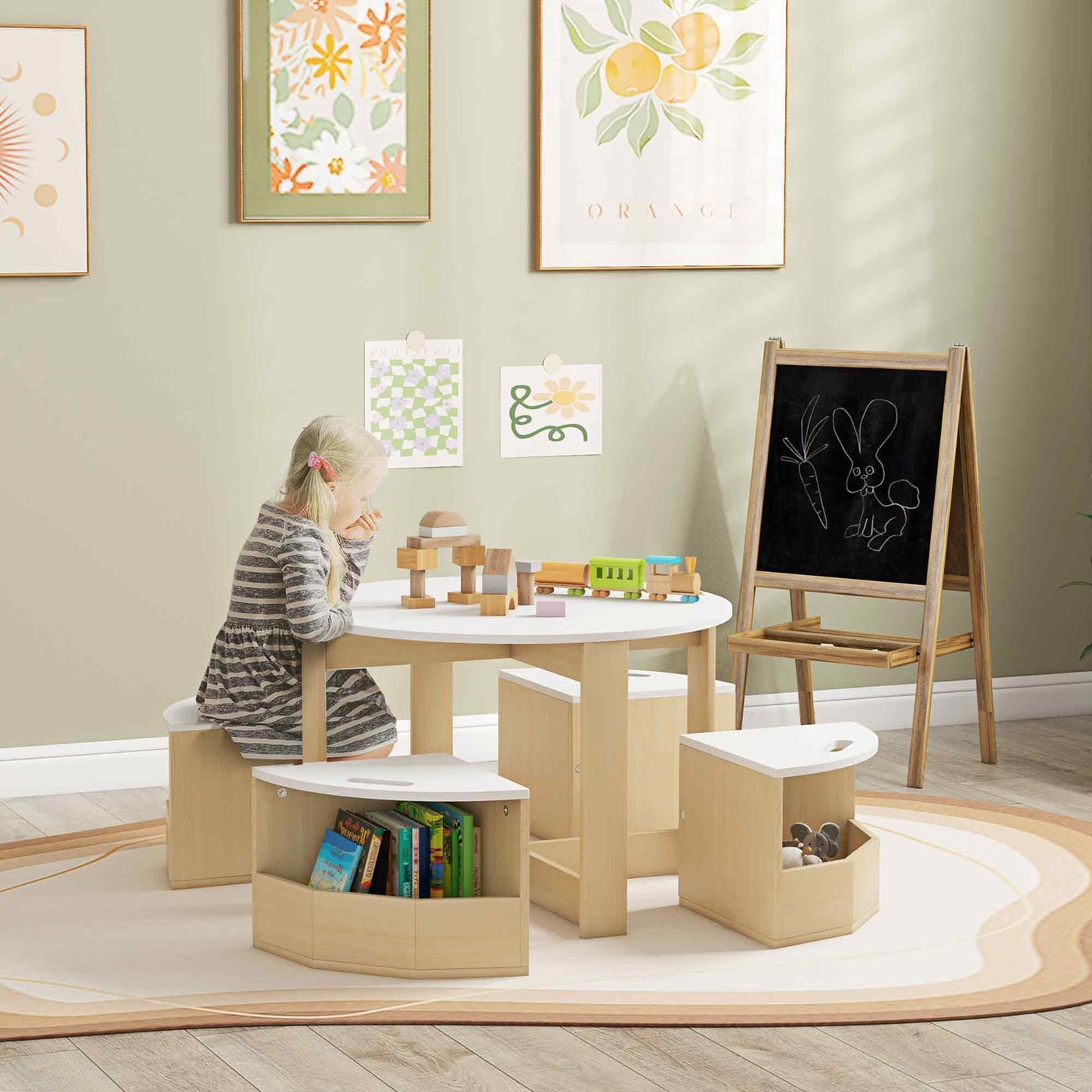 Kids Table and Chairs Set, Five-Piece Childrens Table and Chair Set with Storage, Children Activity Table for Ages 3-8 Years, White