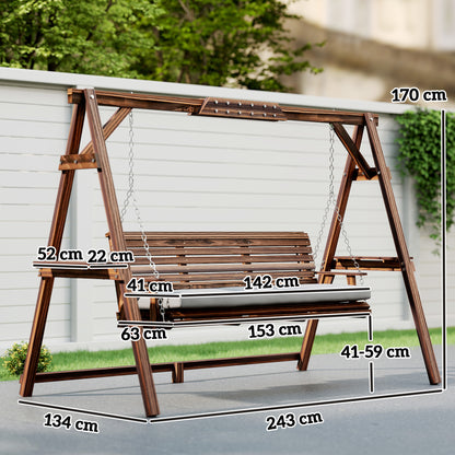 3 Seater Wooden Garden Swing Seat Chair with Side Trays and Cushion