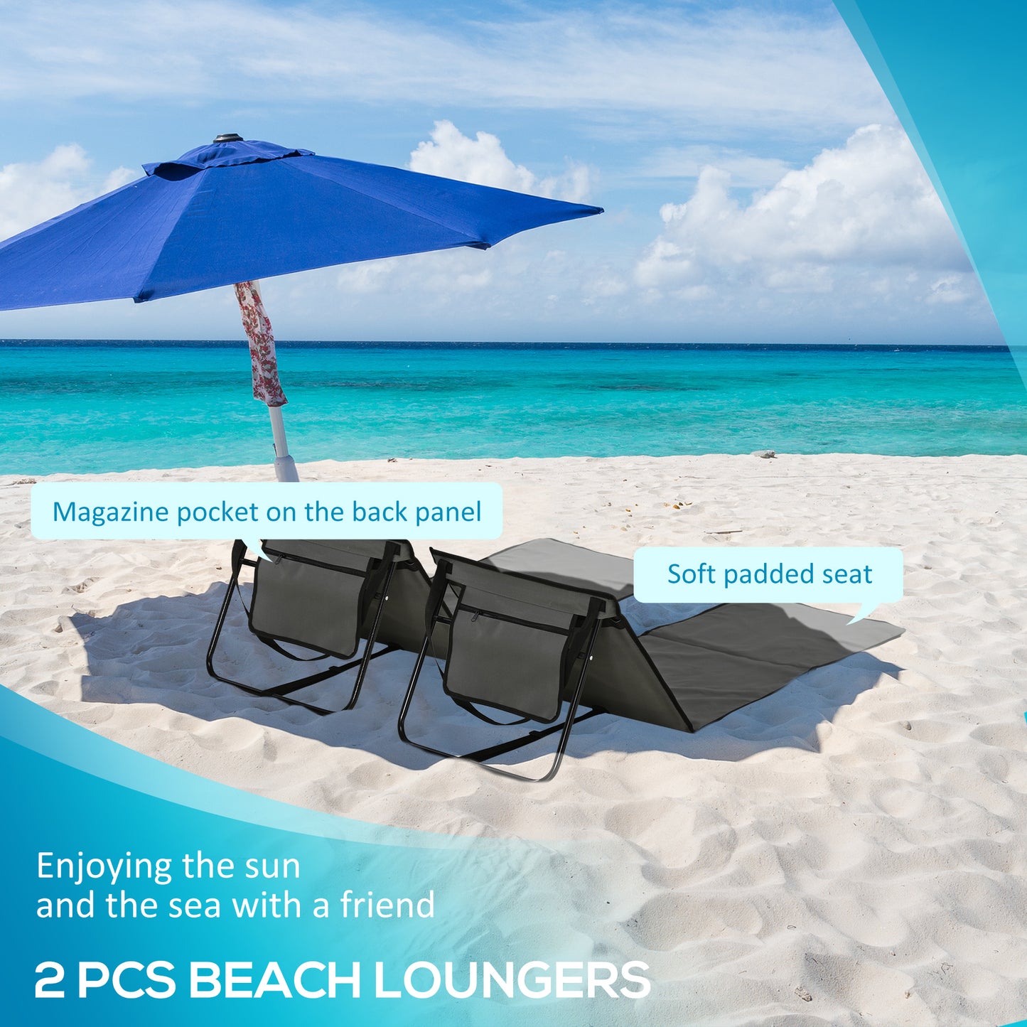 Garden Beach Chair Mat, Sun Lounger Seats with Adjustable Back - Grey