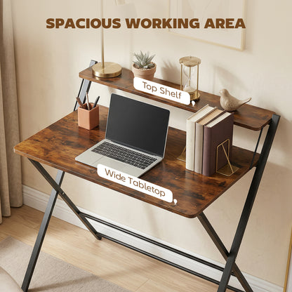 Folding Desk with 2-Tier Shelf for Home Office, Rustic Brown