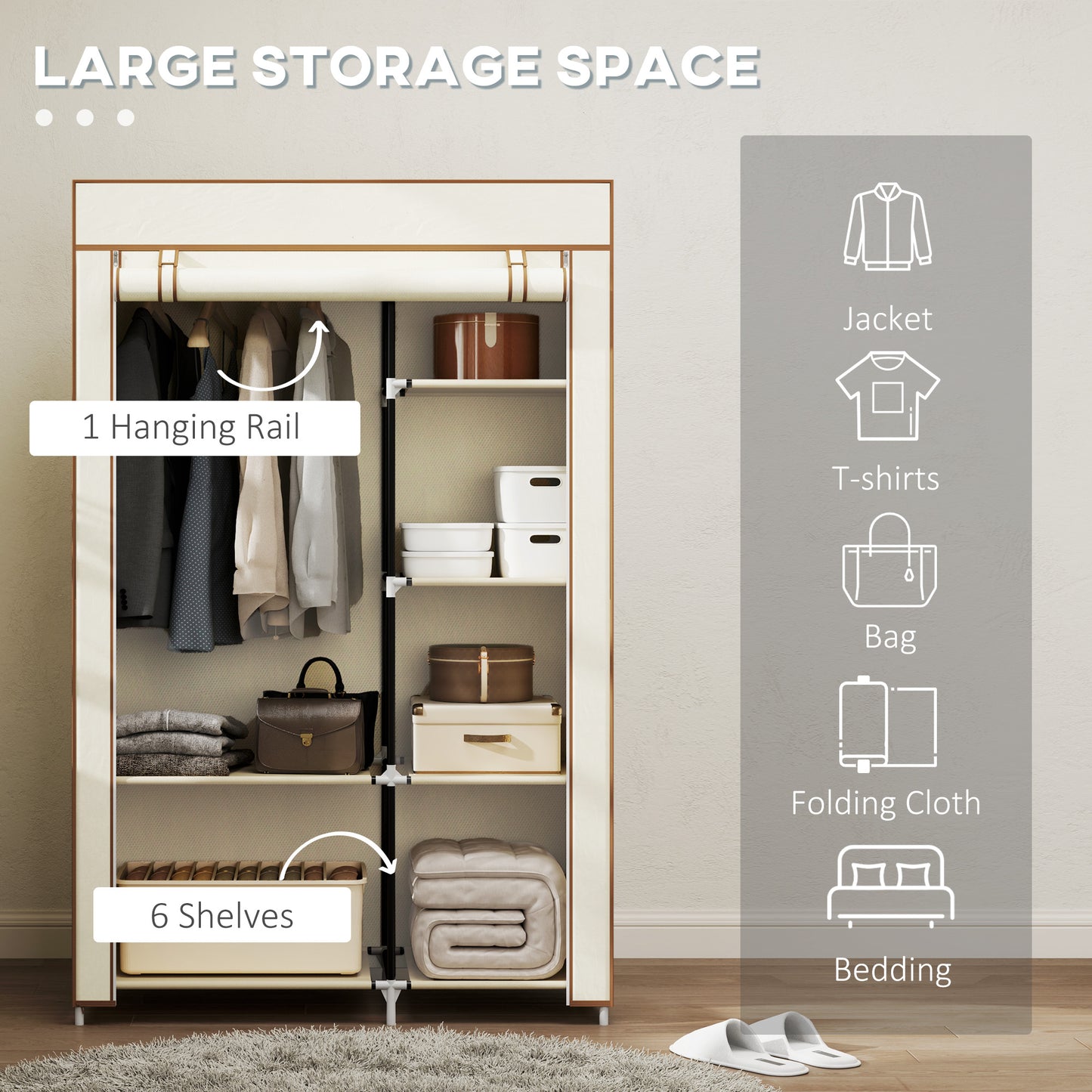 Fabric Wardrobe w/ Shelves Hanging Rail Foldable Closets Cream