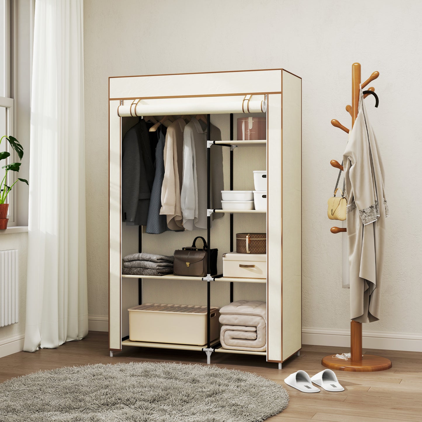 Fabric Wardrobe w/ Shelves Hanging Rail Foldable Closets Cream