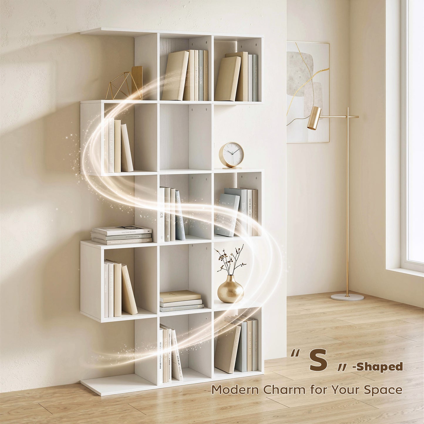 Geometric Bookshelf, 5-Tier S Shaped Bookcase, White Wood Effect