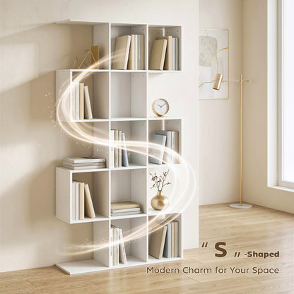 Geometric Bookshelf, 5-Tier S Shaped Bookcase, White Wood Effect