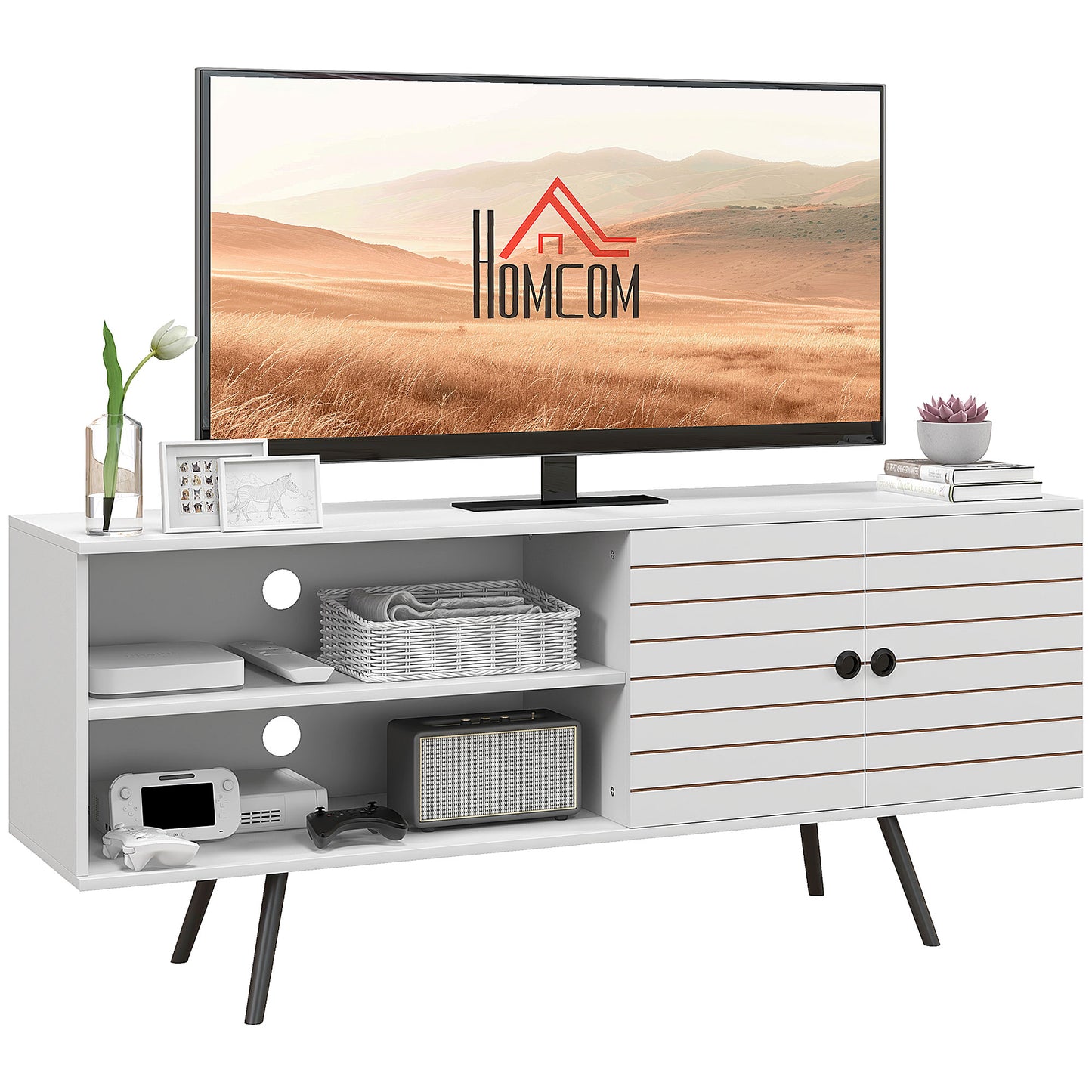 TV Unit for 65" TVs with 2 Open Shelves, Door and 2 Cable Holes, White