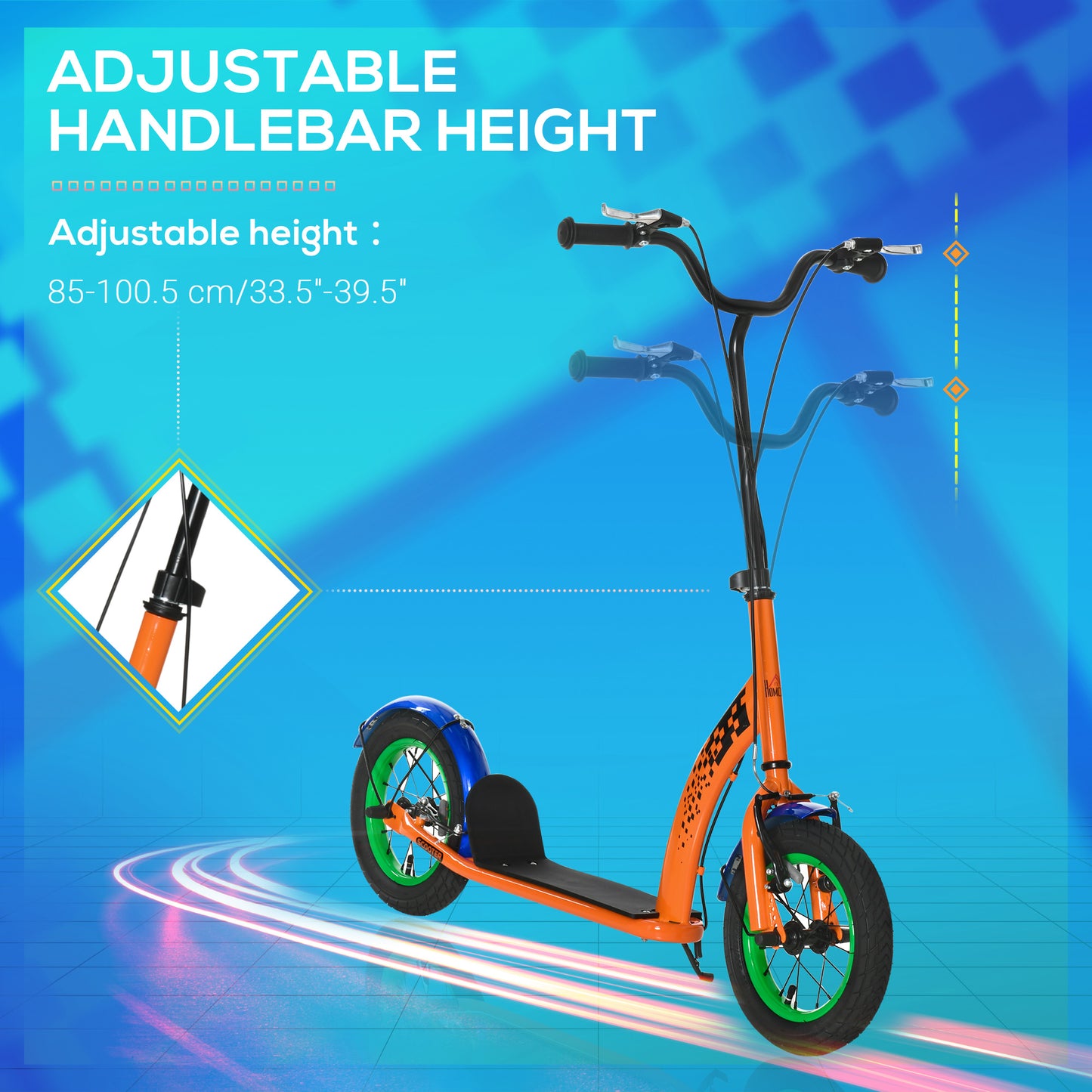 Kids Kick Scooter, Push Scooter, Adjustable Height, Front Rear Dual Brakes, 12-Inch Inflatable Rubber Wheels, for 5+ Years, Orange