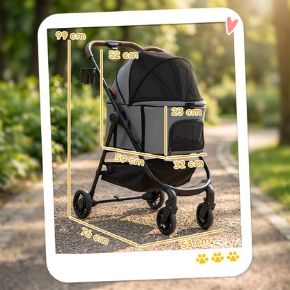 Dog Stroller, 3 in 1 Foldable Pet Stroller for Small Puppy Cat with Detachable Travel Carrier, 4 Wheels Dog Pram with Storage Basket, Seat Leashes, Mesh Window, Grey