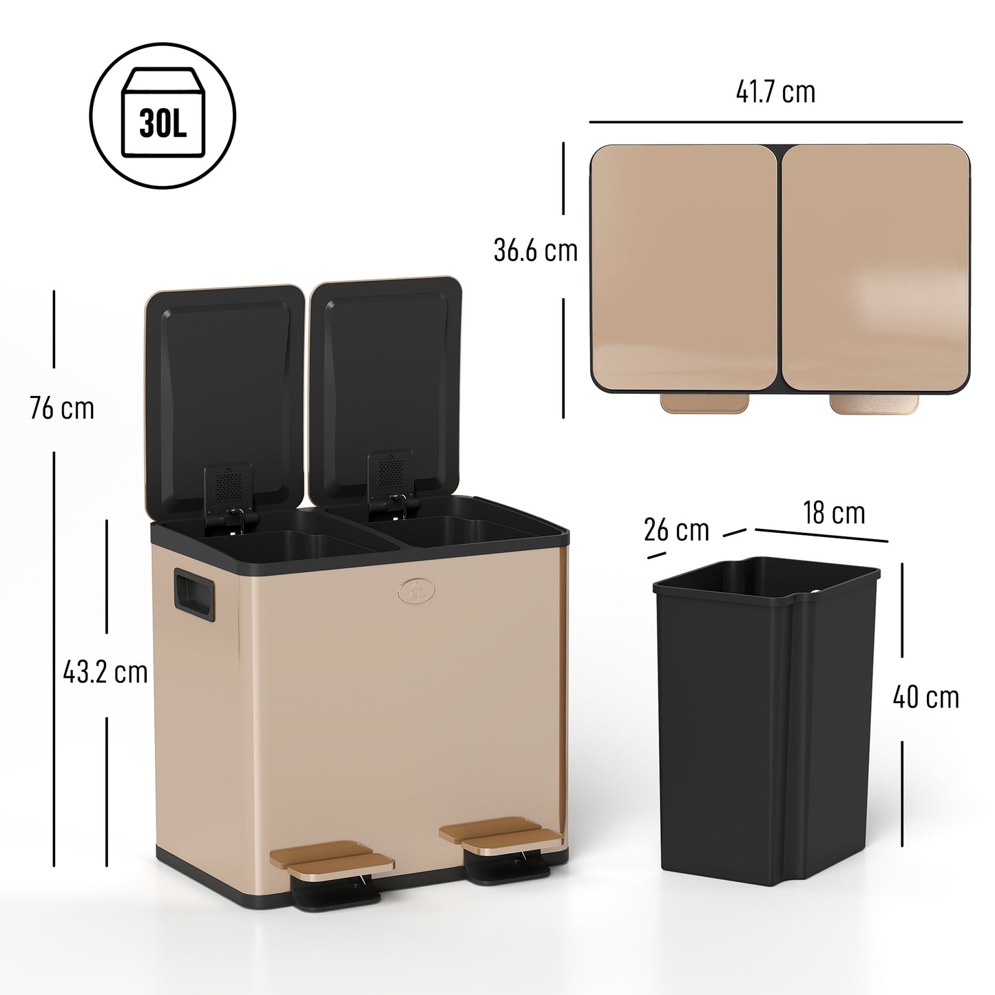 2 x 15L Dual Kitchen Bin Pedal Bin for Recycling and Waste, Gold Tone