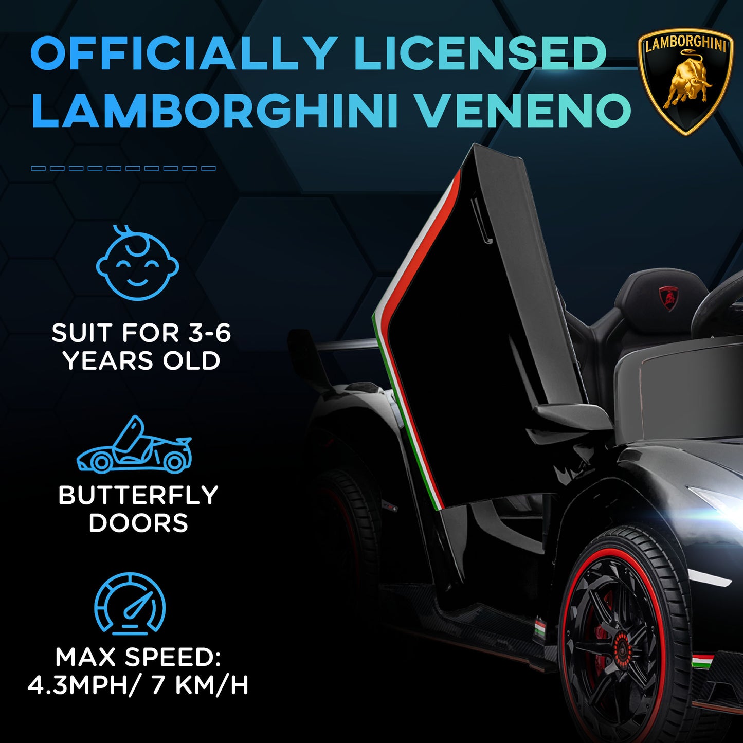 Lamborghini Veneno Licensed 12V Kids Electric Ride on Car w/ Portable Battery, Powered Electric Car w/ Bluetooth, Remote, for Aged 3-6, Black