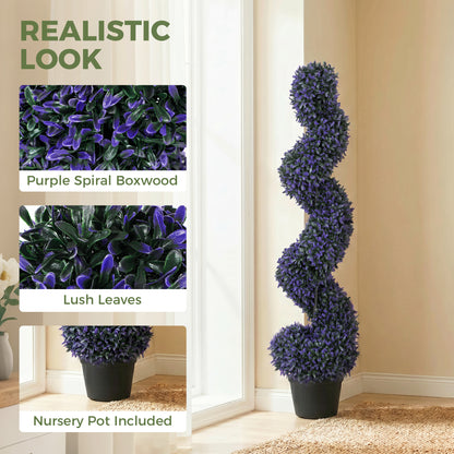 Set of 2 Artificial Boxwood Topiary Tree, Spiral Topiary Tree with 840 Leaves, Fake Plants in Pot for Indoor Outdoor Decor, 120cm, Purple