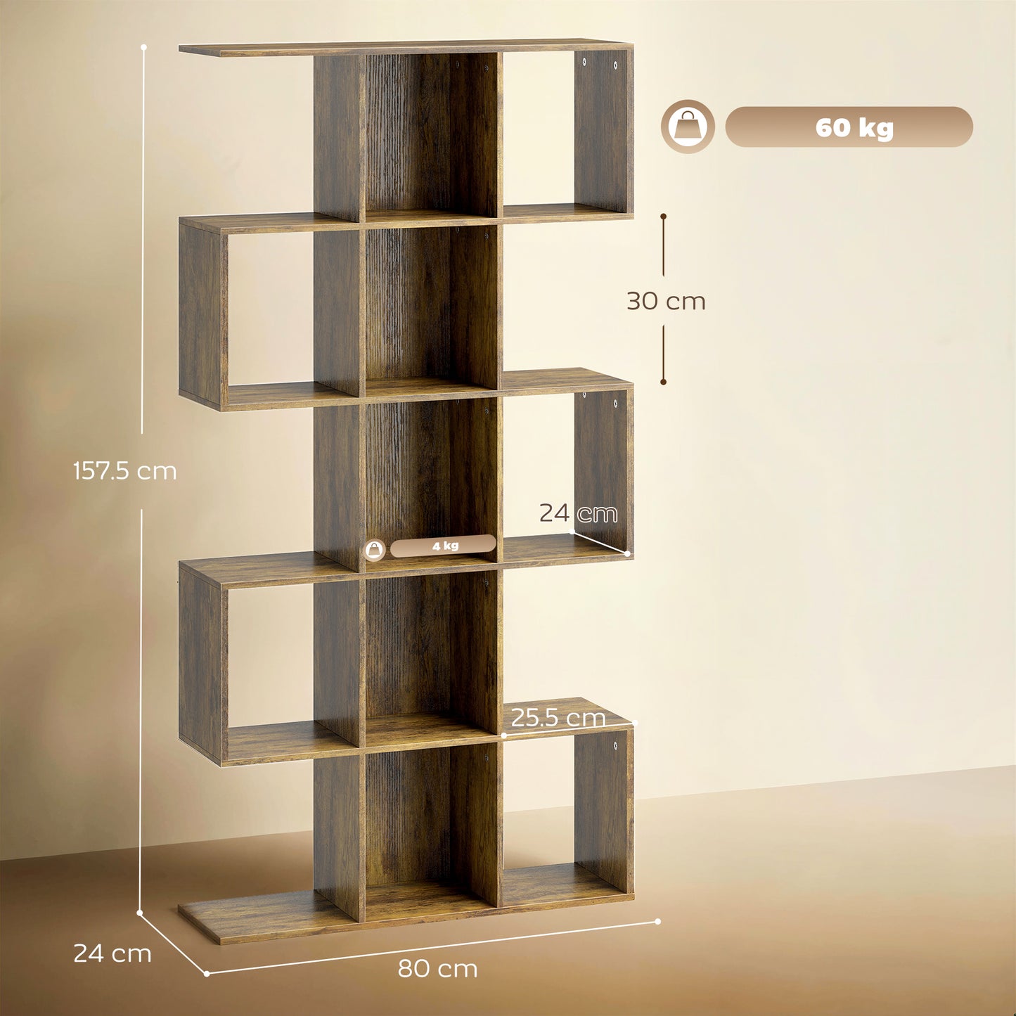 Geometric Bookshelf, 5-Tier S Shaped Bookcase, Rustic Brown
