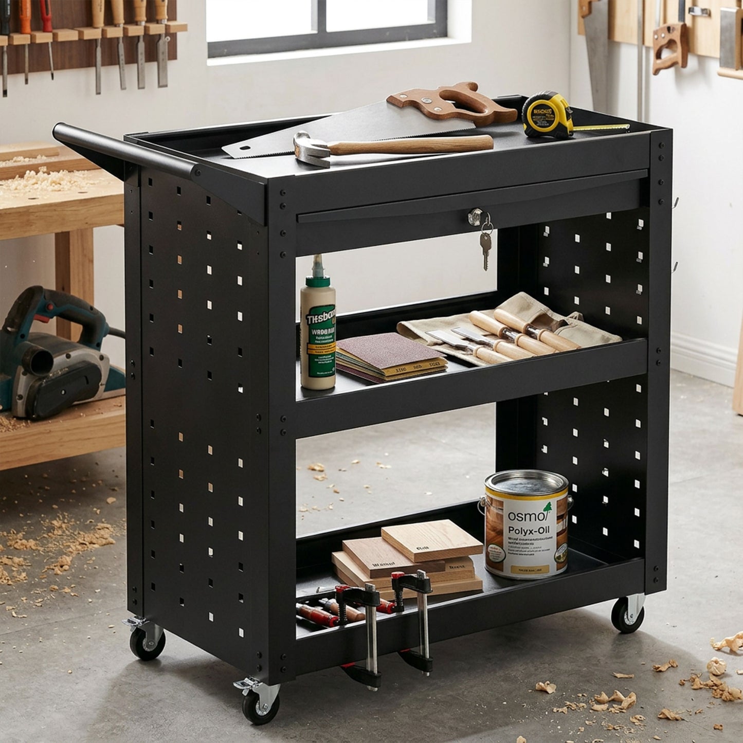 3-Tier Shelf Tool Cart with Pegboards and Drawer, Storage Trolley Wheel Cart with Brakes for Garage Workshop Warehouse, Black
