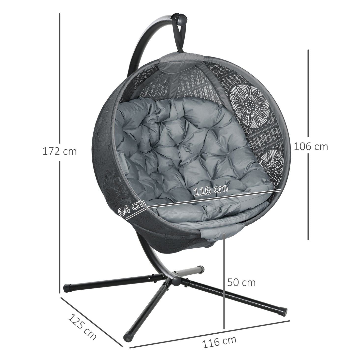 Hanging Swing Chair w/ Metal Stand & Side Pocket, Charcoal Grey