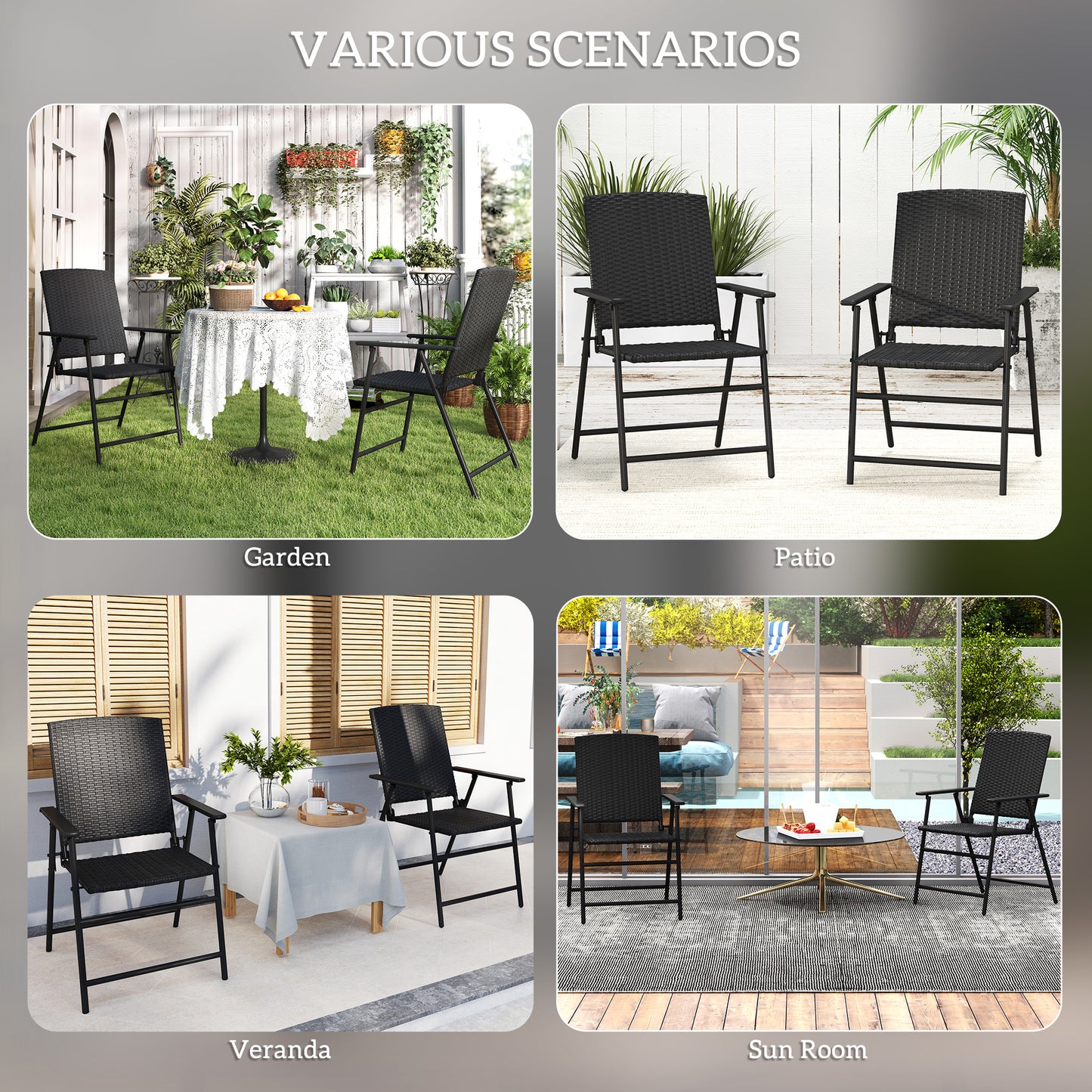 2pcs Rattan Chair Foldable Garden Furniture w/ Armrest Black
