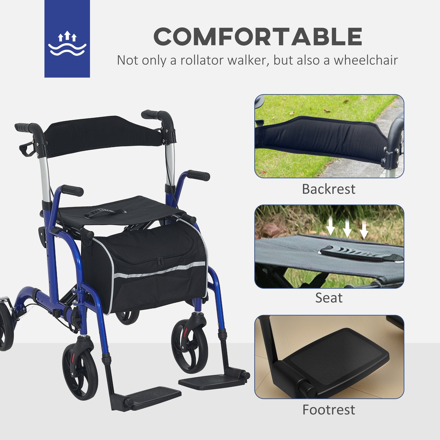 2 in 1 Wheelchair & Folding Rollator Walker Combo, Pearl Blue