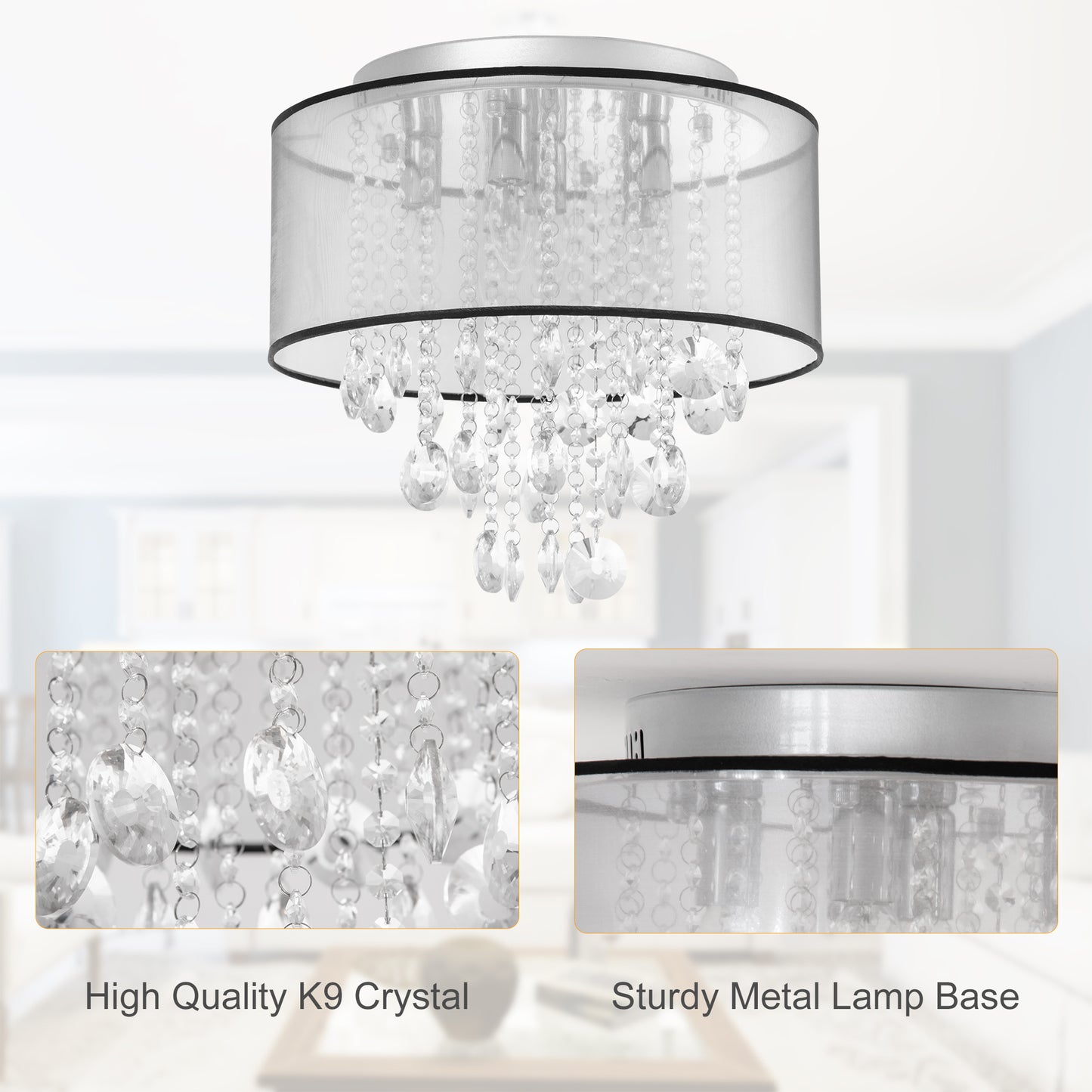 Modern Crystal Chandelier Flush Mount Ceiling Light for Bedroom, 40cm