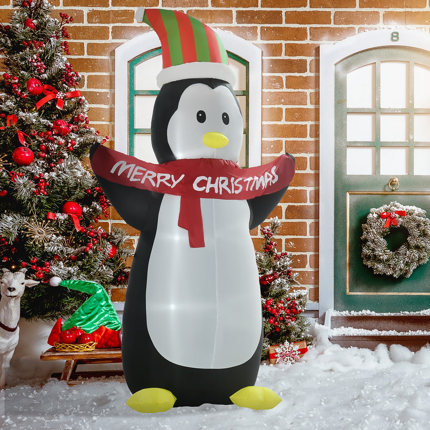 8ft Inflatable Penguin & Christmas Banner Decoration Inner LED Lights