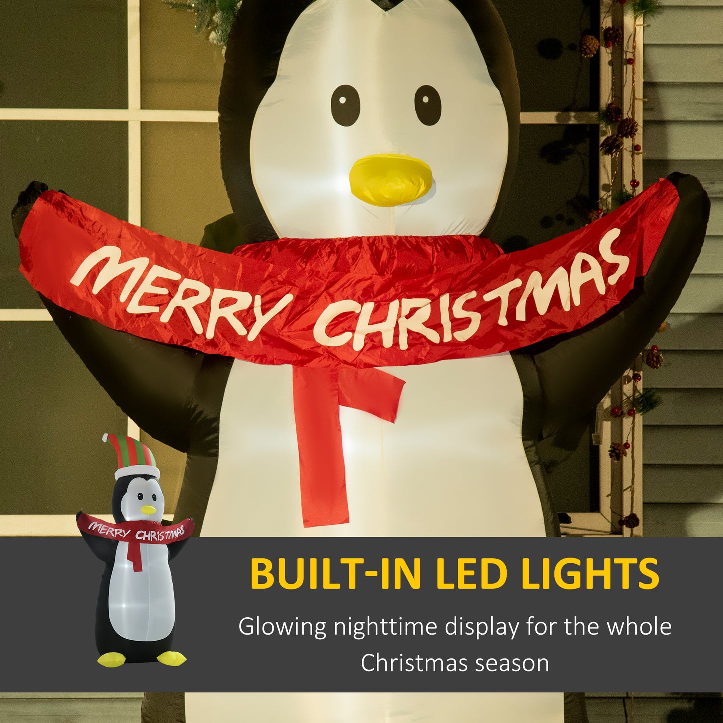 8ft Inflatable Penguin & Christmas Banner Decoration Inner LED Lights