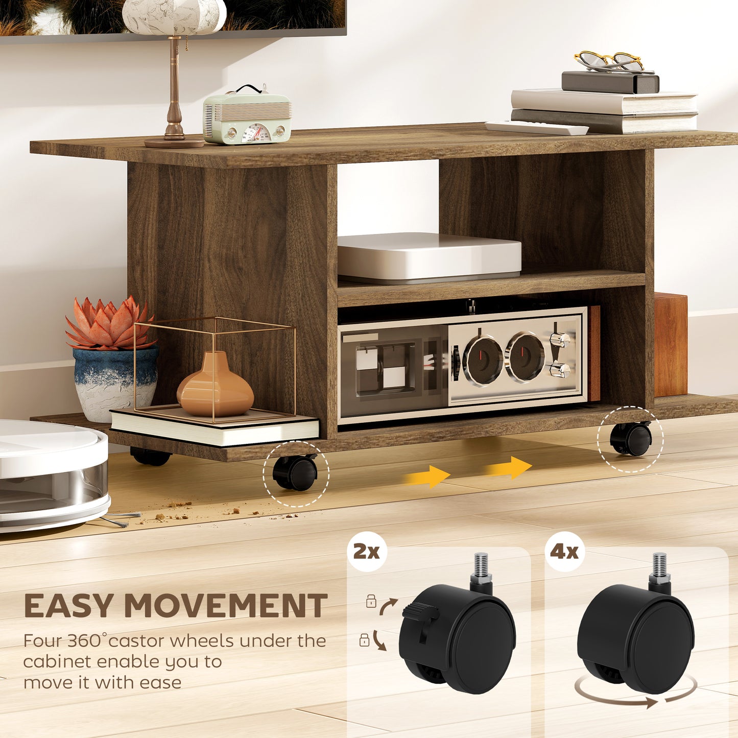 Modern TV Cabinet Stand Storage Shelves Table Mobile Walnut