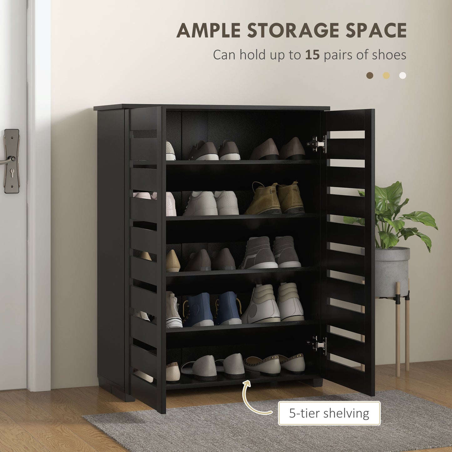Shoe Storage Cabinet with Slatted Doors for 15 Pairs of Shoes Black