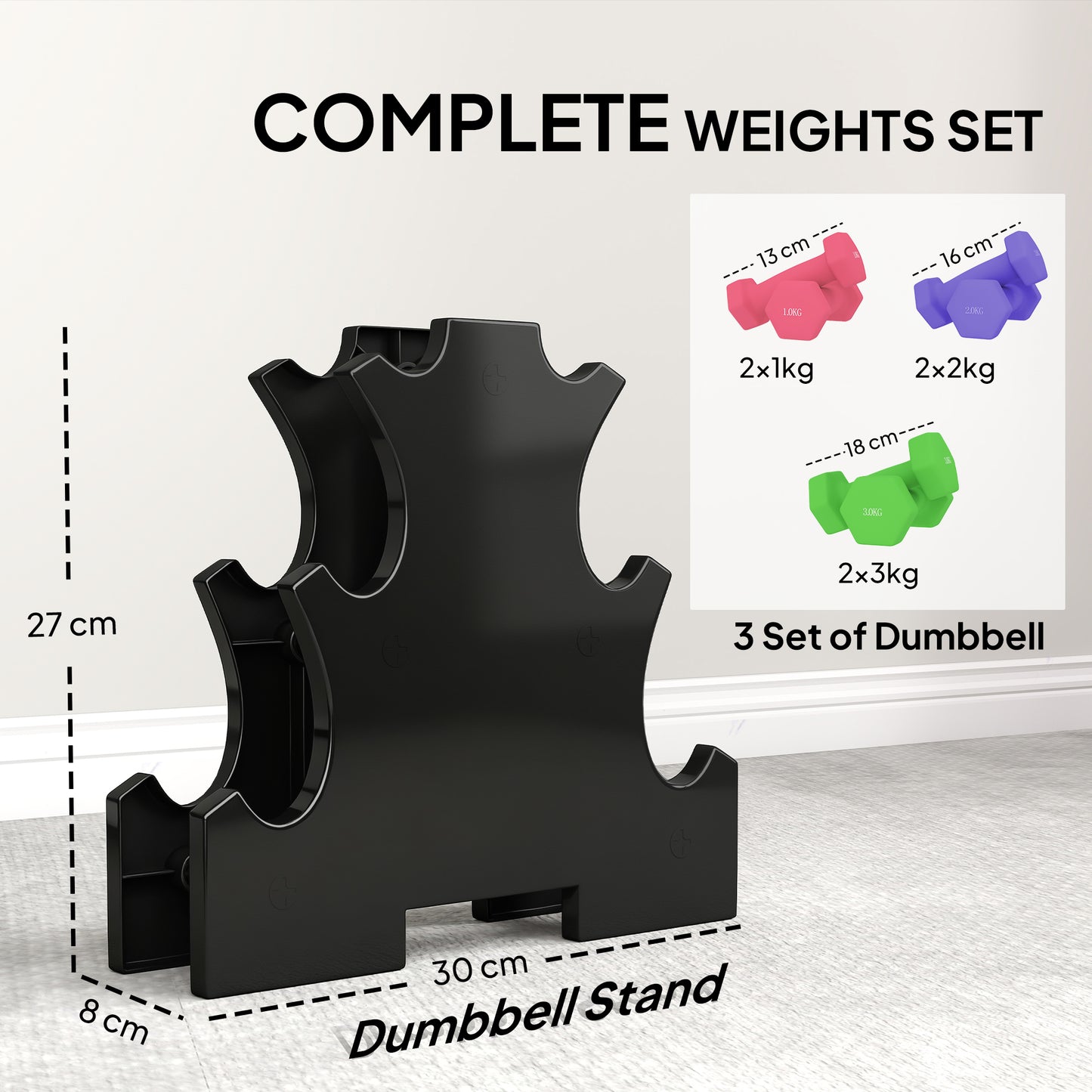 Hex Dumbbells Set with Dumbbell Rack,  2 x 1kg, 2 x 2kg, 2 x 3kg
