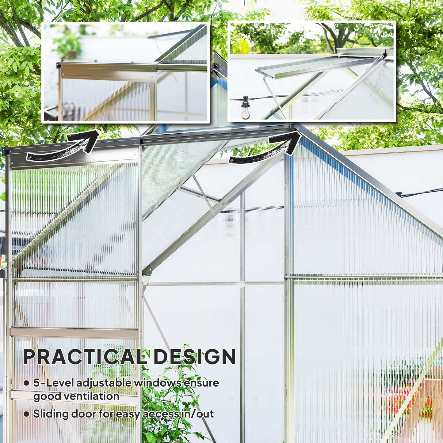 Polycarbonate Walk-in Garden Greenhouse w/ Sliding Door Silver Tone