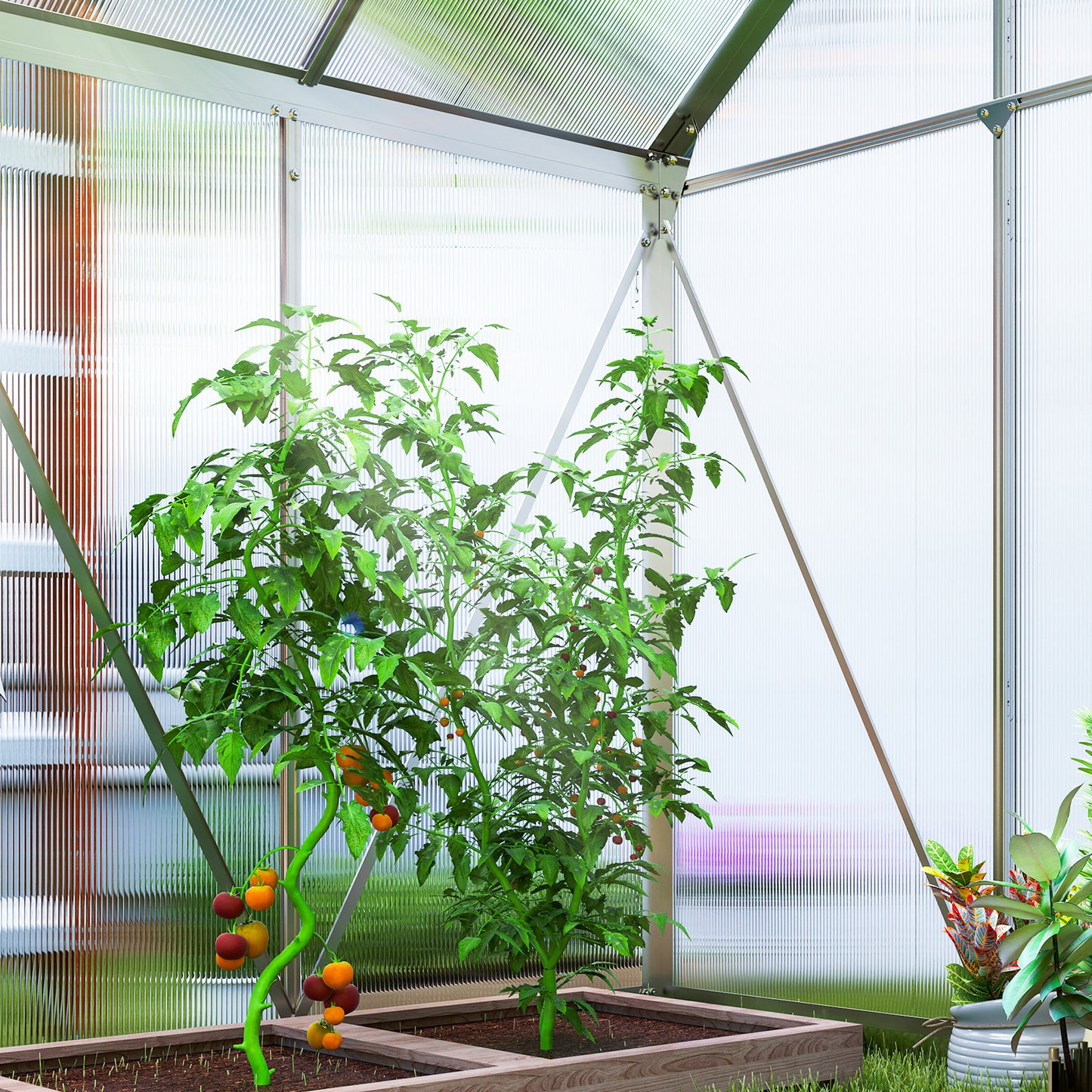 Polycarbonate Walk-in Garden Greenhouse w/ Sliding Door Silver Tone