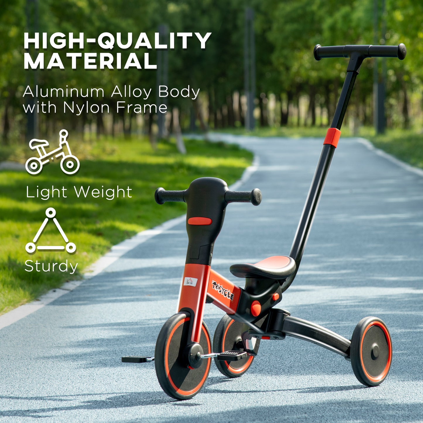 4-in-1 Tricycle for Kids, Baby Trike with Adjustable Push Handle, Detachable Foot Rest for 18-60 Months, Red