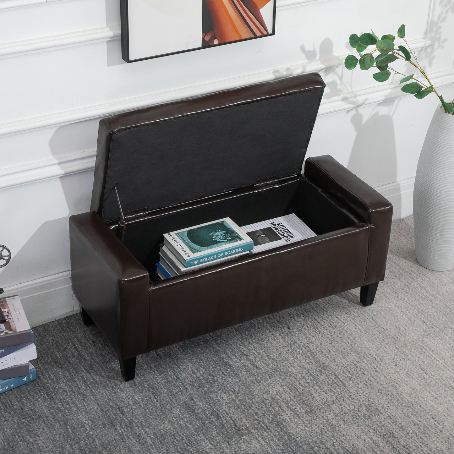 40x90cm PU Leather Storage Ottoman Bench Wood Frame w/ Tufting Feet Brown
