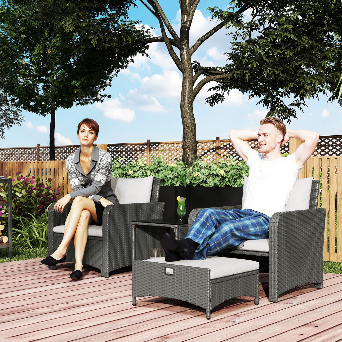 Wicker Patio Conversation Set with 2 Armchairs and 6 Cushions Cream