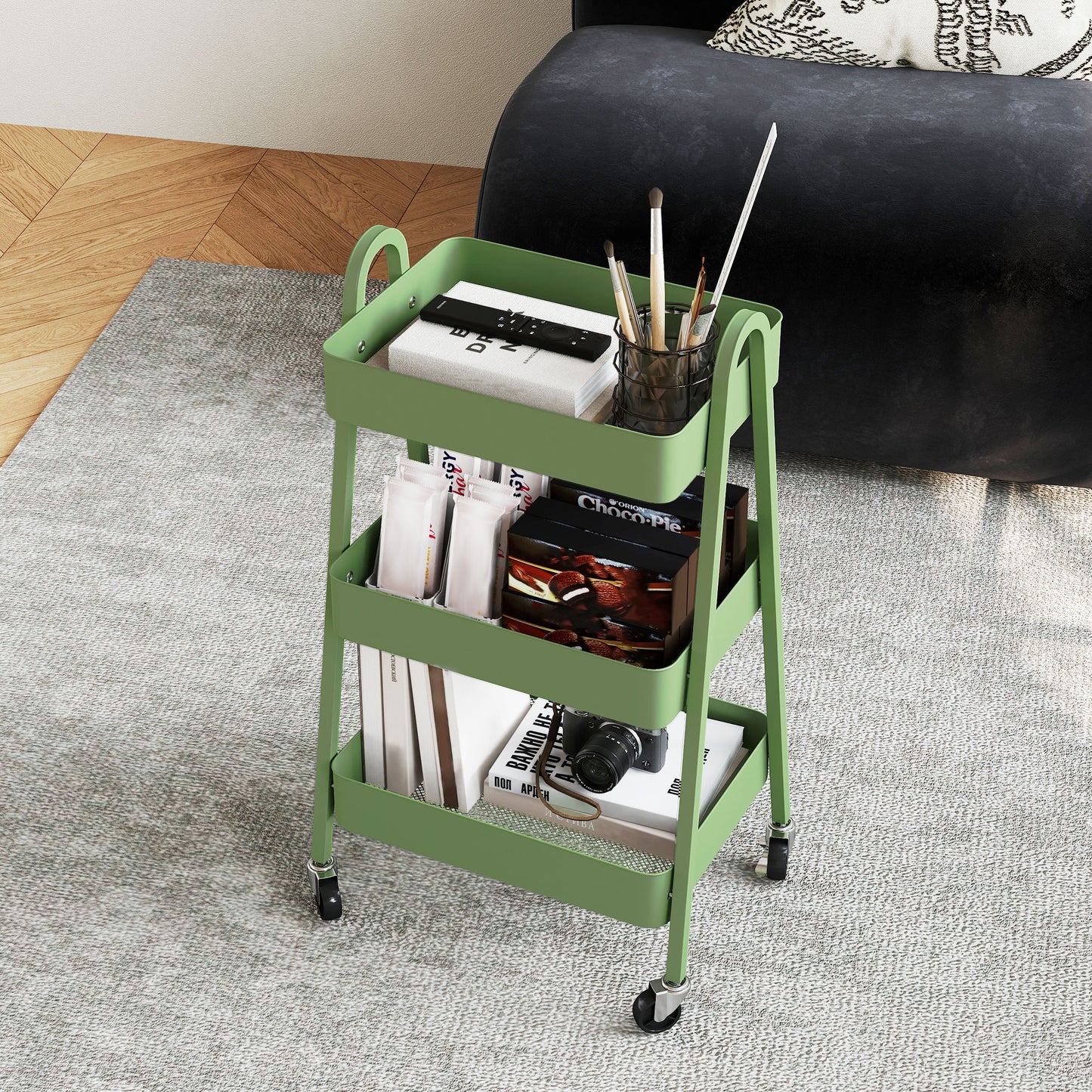 3-Tier Rolling Utility Cart Kitchen Storage Trolley on Wheels Green