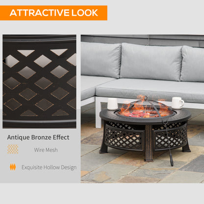 Outdoor Fire Pit,Round Firepit with Grill Net,Mesh Lid,Bronze Tone