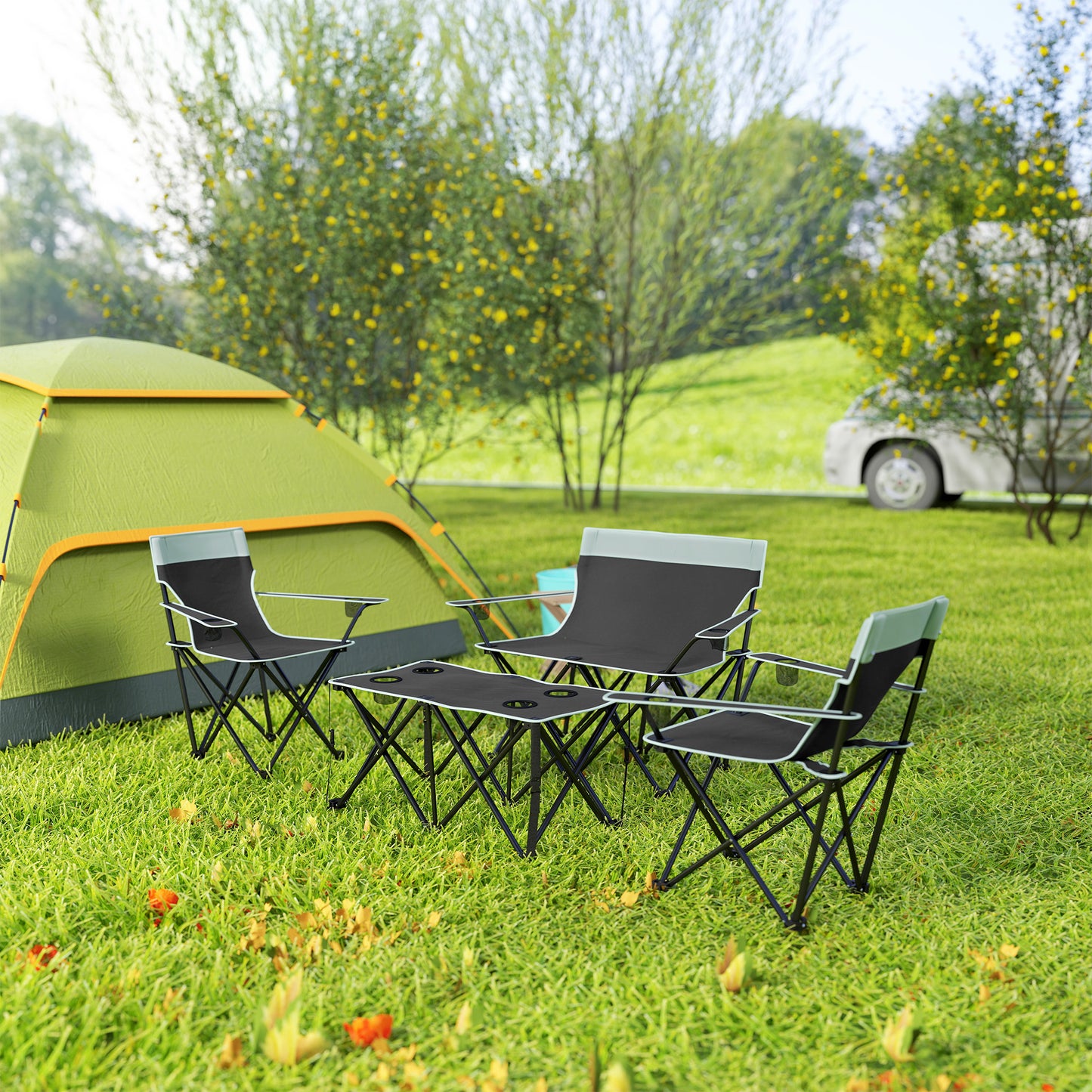 4 Piece Foldable Camping Table and Chairs Set, Grey