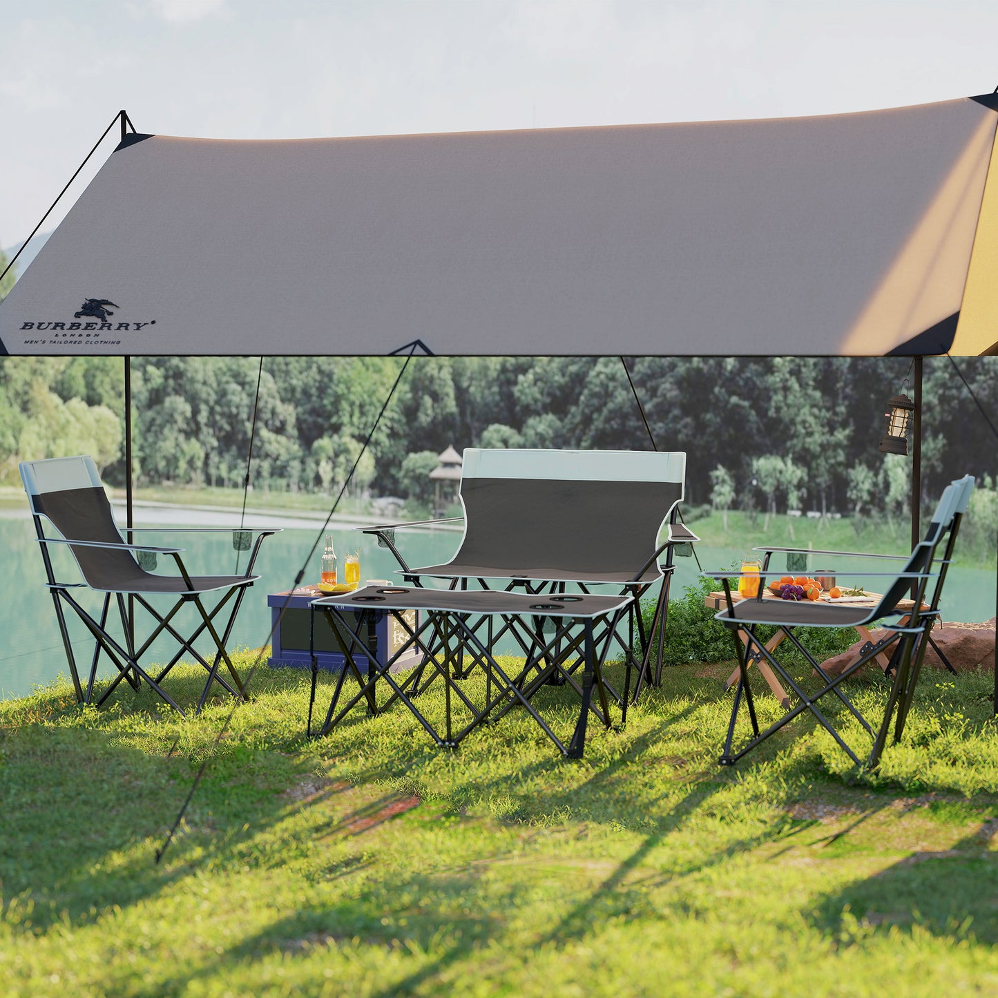 4 Piece Foldable Camping Table and Chairs Set, Grey