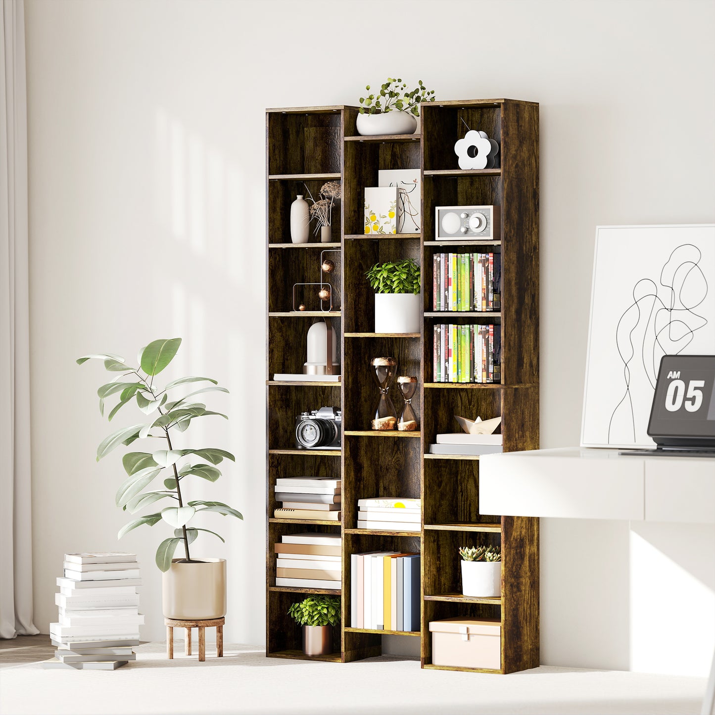 Tall Bookshelf with 21 Compartments and 10 Adjustable Shelves, Brown