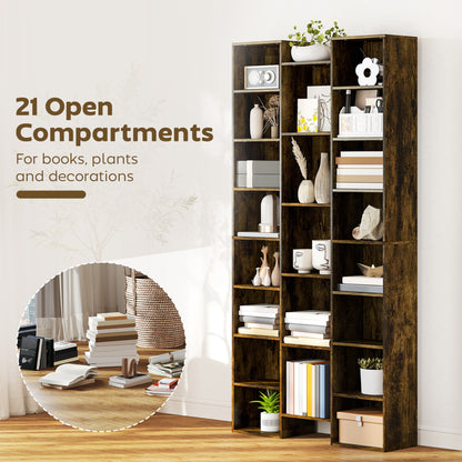 Tall Bookshelf with 21 Compartments and 10 Adjustable Shelves, Brown