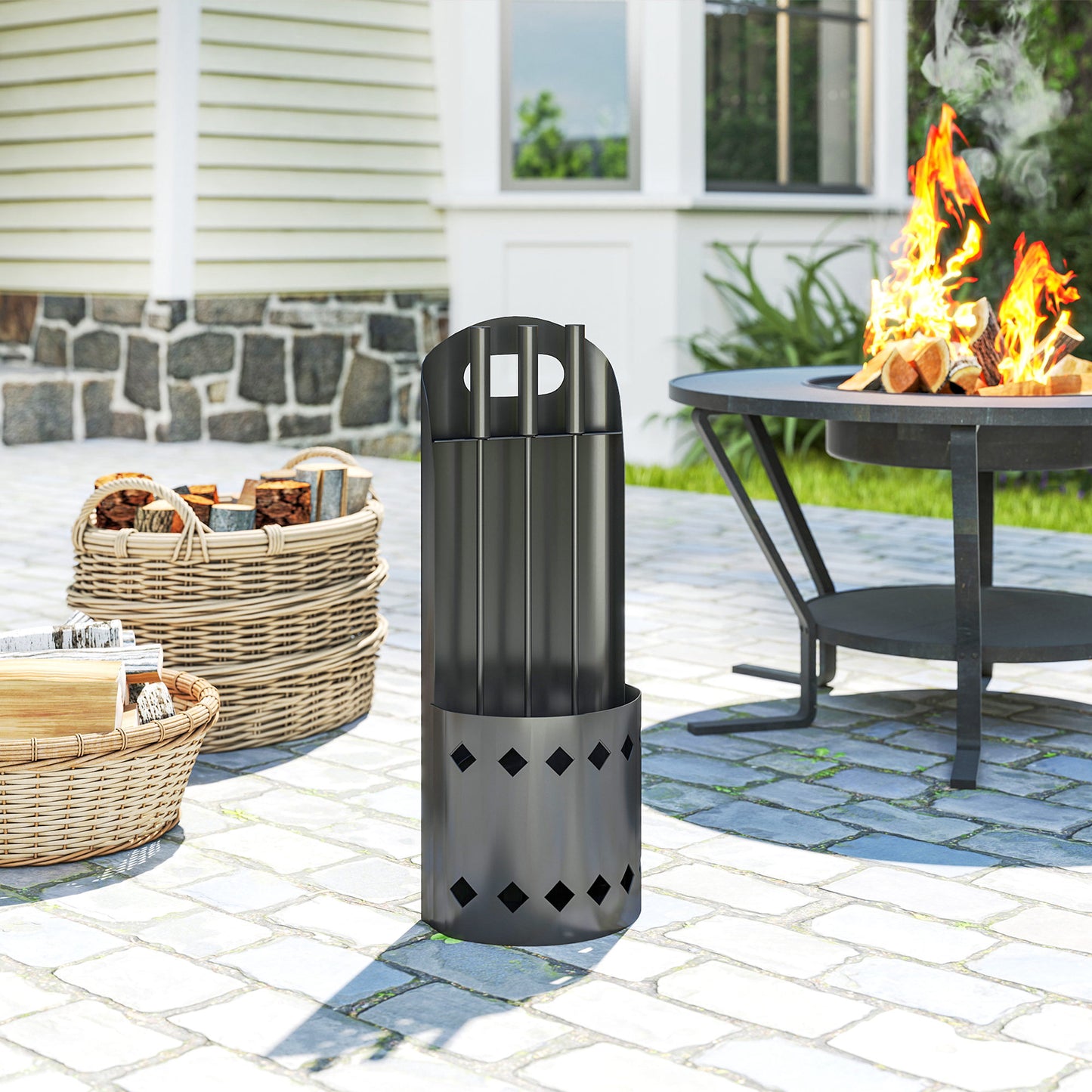 4 Pieces Fireplace Companion Set, Metal Fireplace Accessories Fireside Companion Set with Broom, Shovel, Poker, Bucket, Black