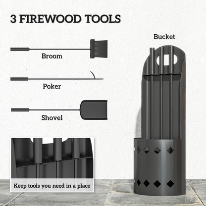 4 Pieces Fireplace Companion Set, Metal Fireplace Accessories Fireside Companion Set with Broom, Shovel, Poker, Bucket, Black