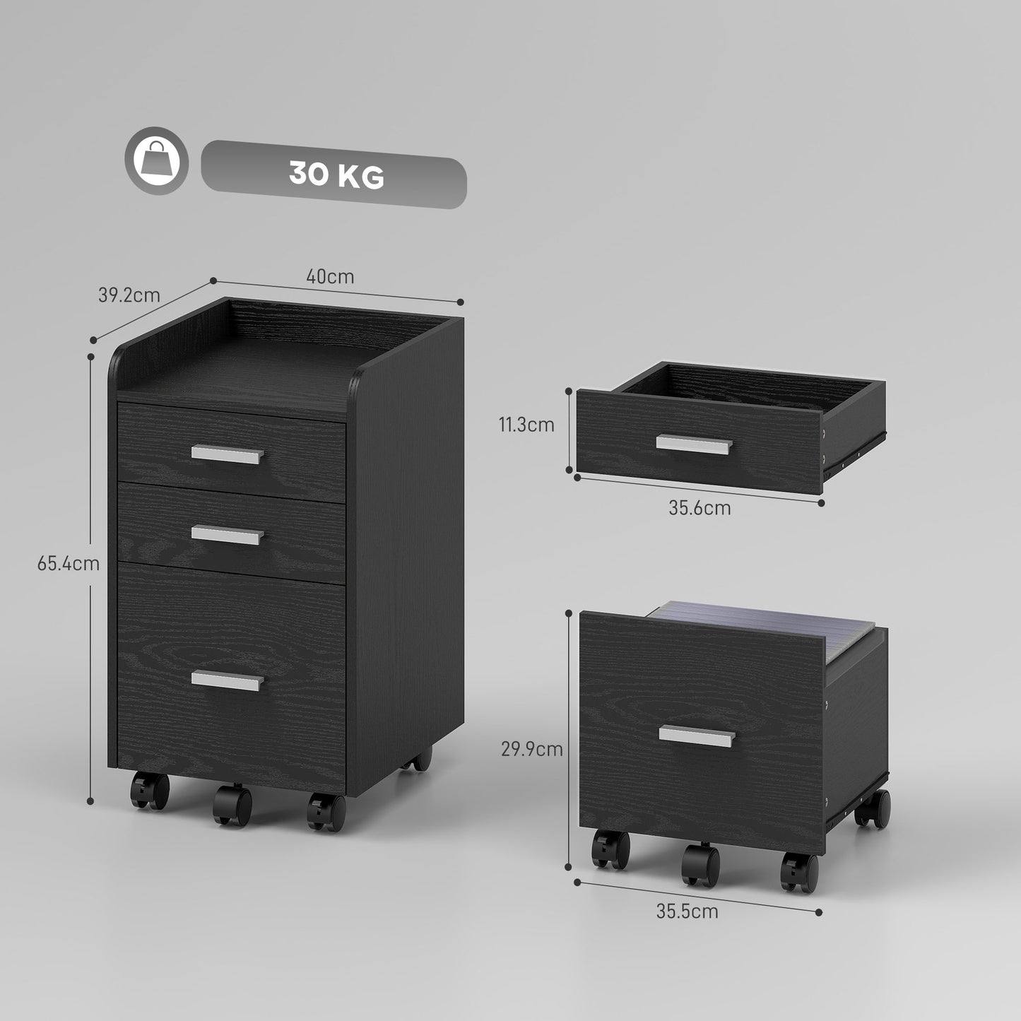 Mobile Filing Cabinet, File Cabinet with 3 Drawers, Black