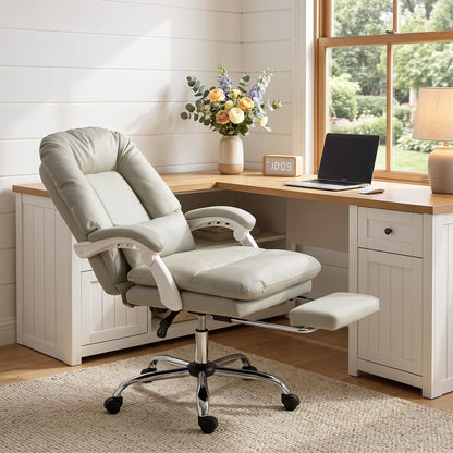 Ergonomic Executive Office Chair, Velvet Reclining Computer Desk Chair with Lumbar Support, Footrest, Plush Thick Cushion, 360° Swivel for Home Office, Khaki